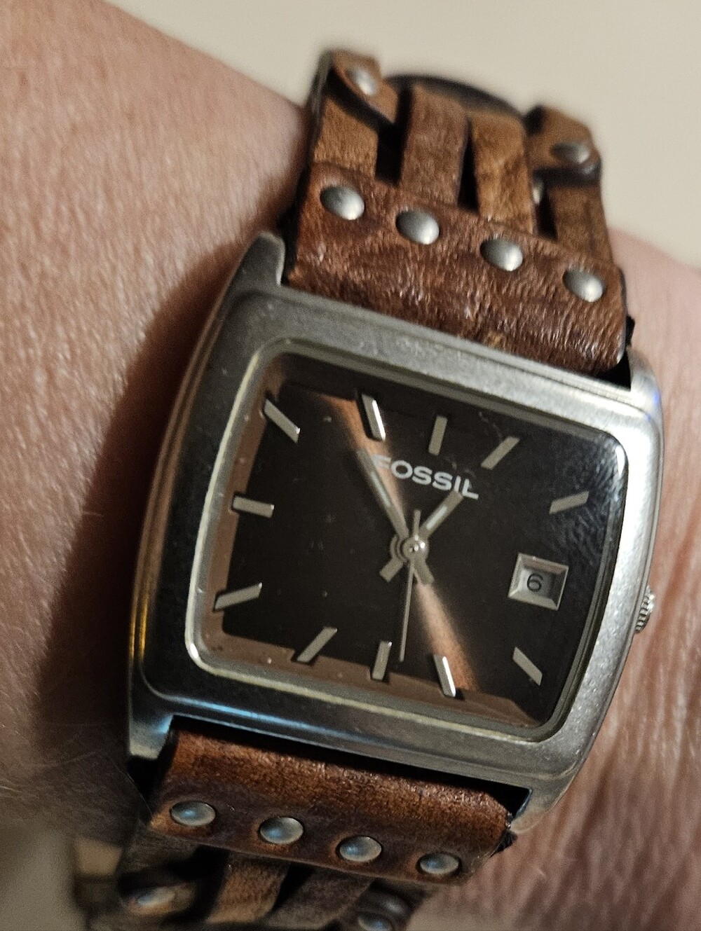 Fossil JR-8552 Vintage Square Dial Watch - Studded Brown Leather Band - WORKING